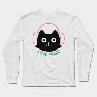 Cute cat listening music Long Sleeve T-Shirt